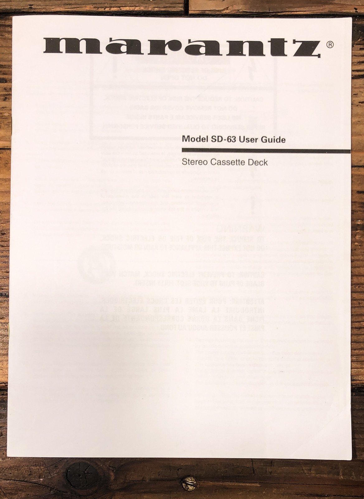 Marantz SD-63 Cassette Owners / User Manual *Original*