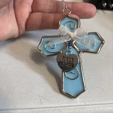 Ganz Stained Glass Cross Ornament BLESS US ALL   Light Blue  3.25” Long
