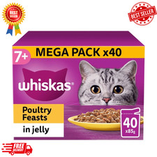 40 x 85g Whiskas 7+ Poultry Feasts Mixed Senior Wet Cat Food Pouches in Jelly ? 5.41 per kilo