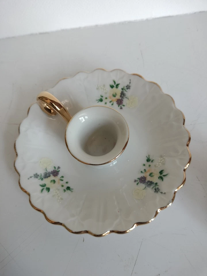 Small Dainty Candle Holder Gold Trim Floral Keepsake Gift Room Decor - Image 3 of 4