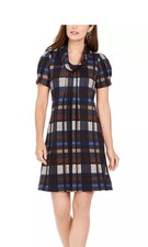 JH Design Navy Blue Plaid Dress w/Cowl Neck - Size M