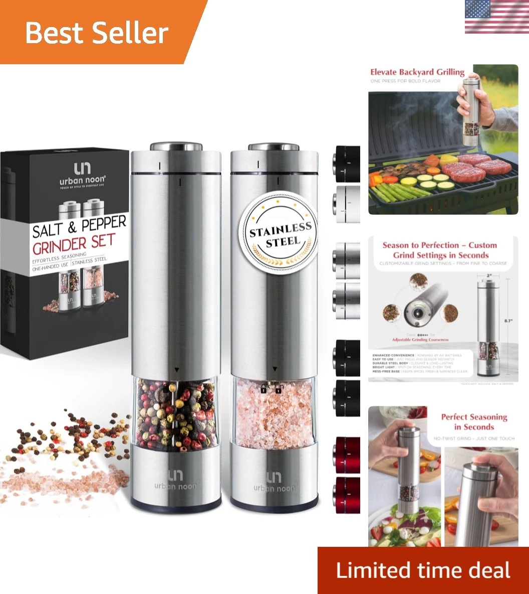 Electric Salt and Pepper Grinder Set - Battery Operated Stainless Steel Mill ...