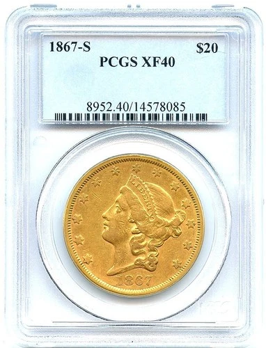 1867-S Liberty $20 Gold Double Eagle, PCGS XF40, Very Nice Better Date Gold Coin