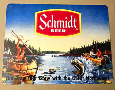 Schmidt Beer 12 x 9'' Metal Fishing Sign Fish Bass Boating Hunting Breweriana