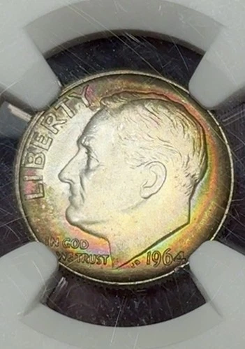 Rainbow Toned 1964-D Roosevelt Dime NGC MS66 No Reserve