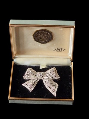 EB Engel Brothers Rhodium Rhinestone Art Deco Bow Brooch New Old Stock NOS