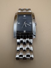 Guess G10184G Rectangular Dress Watch Black Dial Steel Bracelet Crystal Accents
