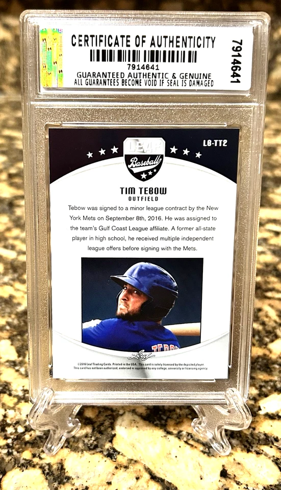 TIM TEBOW 2016 Leaf Baseball Graded GEM-MT 10 ROOKIE CARD #LB-TT2. Coa - Image 2 of 4