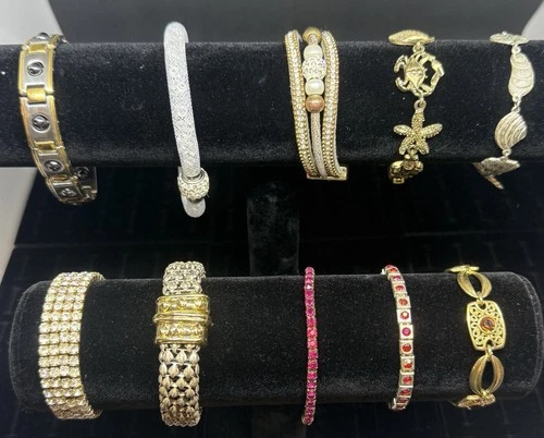 Costume Jewelry Bracelets Lot Of 10 Vintage To Recent Silver Tones Gold Tones