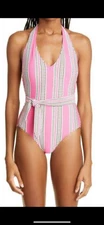 New Women’s Lemlem Beautiful  Amira Geo Stripe Belted One Piece Swimwear Pink S