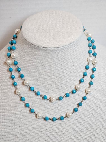 QVC Honora Cultured Pearl & Gemstone Turquoise Bead 36" Necklace Sterling
