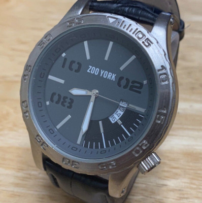 Zoo York Men Silver Leather Large 48mm Analog Quartz Watch~Date