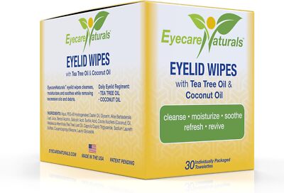 EYECARE NATURALS Eye lid Wipes with Tea Tree Oil and Coconut Oil, 30ct Box