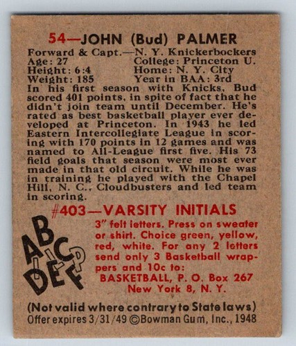 1948 Bowman Basketball #54 Bud Palmer RC - Picture 2 of 2