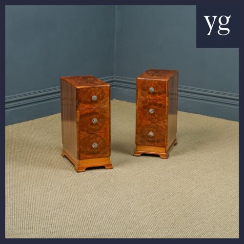 English Pair of Art Deco Burr Walnut Bedsides Chests Cabinets Tables Nightstands - 第 1/24 張圖片