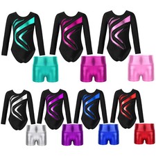 Kid Girls Gymnastics Metallic Shorts One Piece Ballet Unitards Bodysuit Leotards