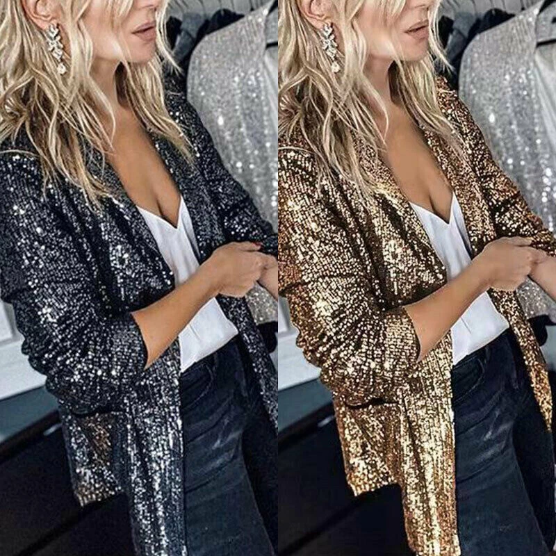 Party Sequin Blazer Women Thin Glitter Suit Jacket OpenFront Casual Outwear  2023 | eBay