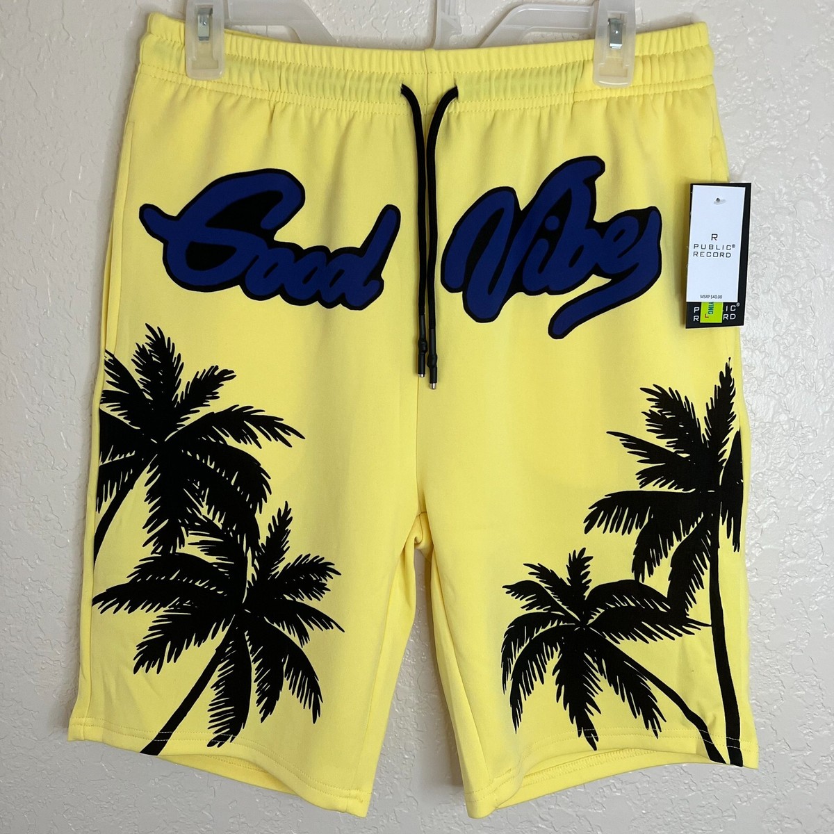 Public Record Men's Shorts Small Yellow Good Vibes Quick Dry Palm