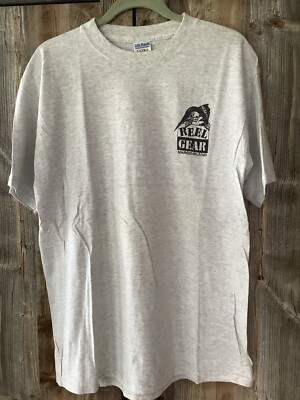 Mens Vintage *REEL GEAR JUST BITE ME* Gray Black Red Short Sleeve T Shirt L