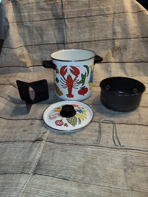 VTG MCM San Ignacio Enamel Enamelware Seafood Stock Pot Steamer Lobster Veggies