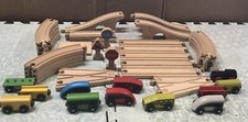 IKEA Wooden Train Set Track Bridges 3 Signs 12 Cars Lot of 40 Pieces
