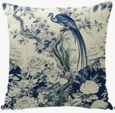 Chinoiserie Blue Ivory Bird Floral Botanical Linen Throw Pillow Cover Home Decor