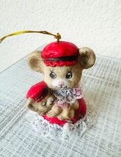 Vintage Caring Critter Chimer Mamma Bear Cub Christmas Ornament Bisque Porcelain