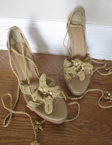 STELLA MCCARTNEY Women Raffia LACE UP Flower WEDGE Sandals Platform Bead 39.5
