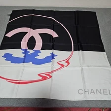 CHANEL Silk Scarf 90x90 (35.4x35.4in) Coco Mark Logo Black White Luxury Auth
