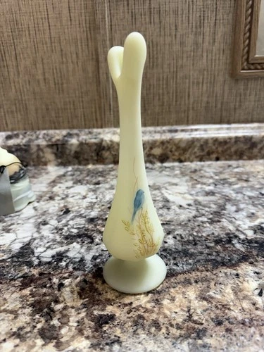 Fenton Art Glass Vase Hand Painted Blue Birds Signed C. Flaherty 8.5in