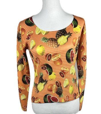 Cache Textured Fruit Print Scoop-neck Top Size S Y2K Foodie Colorful Whimsical