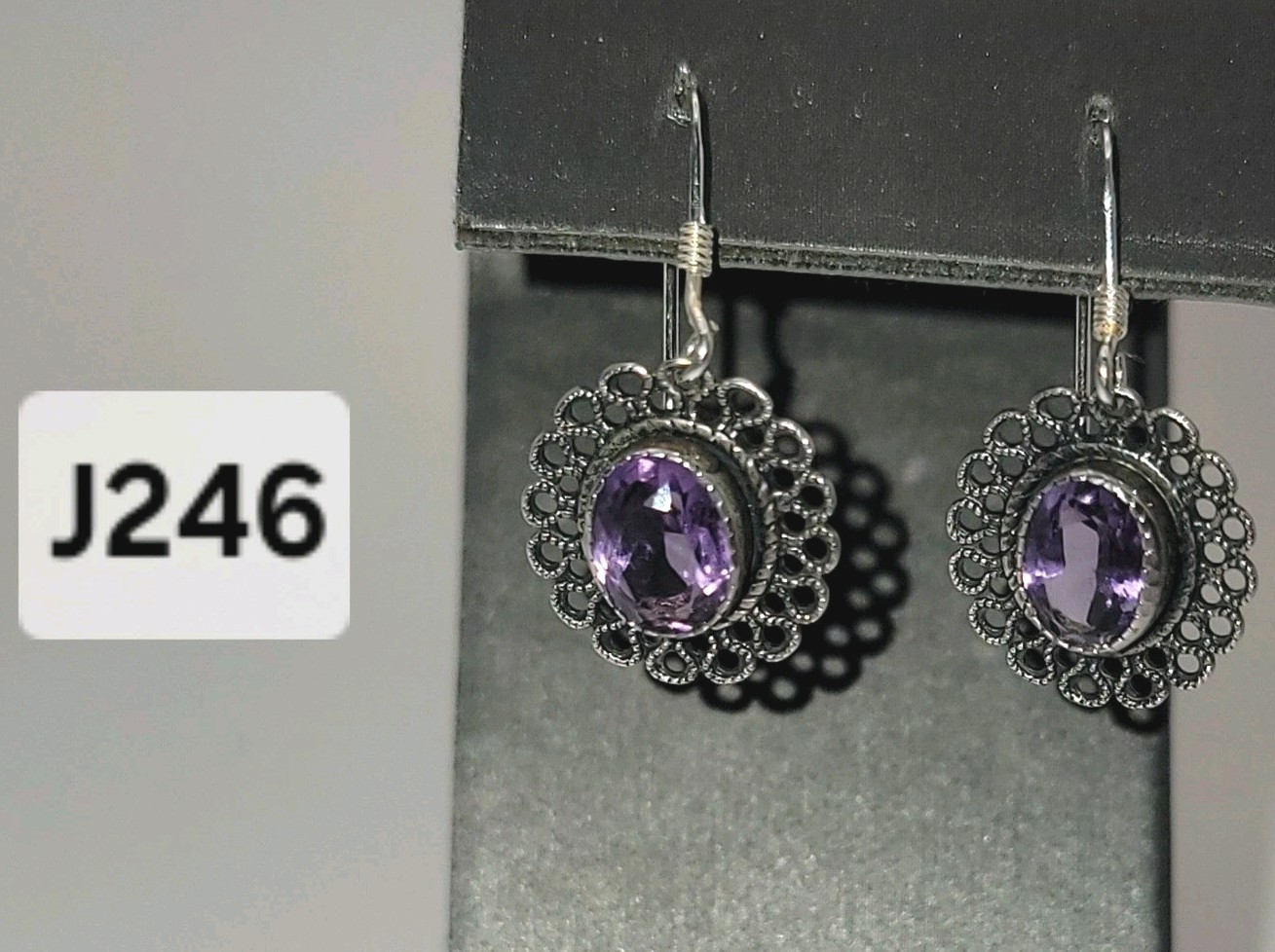 Sterling Silver Oval Amethyst Dangle Earrings Fil… - image 1