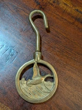 Vintage Brass Goose Mallard Duck Fireplace Damper Pull Hook Hanger 8"