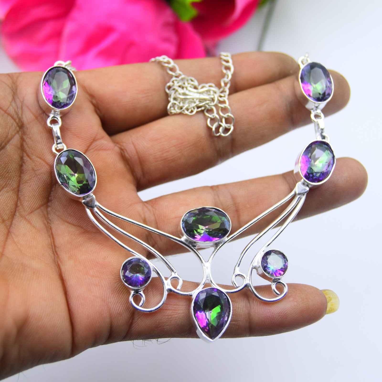Mystic Topaz Gemstone Handmade 925 Sterling Silver Jewelry Necklace Sz-17-18