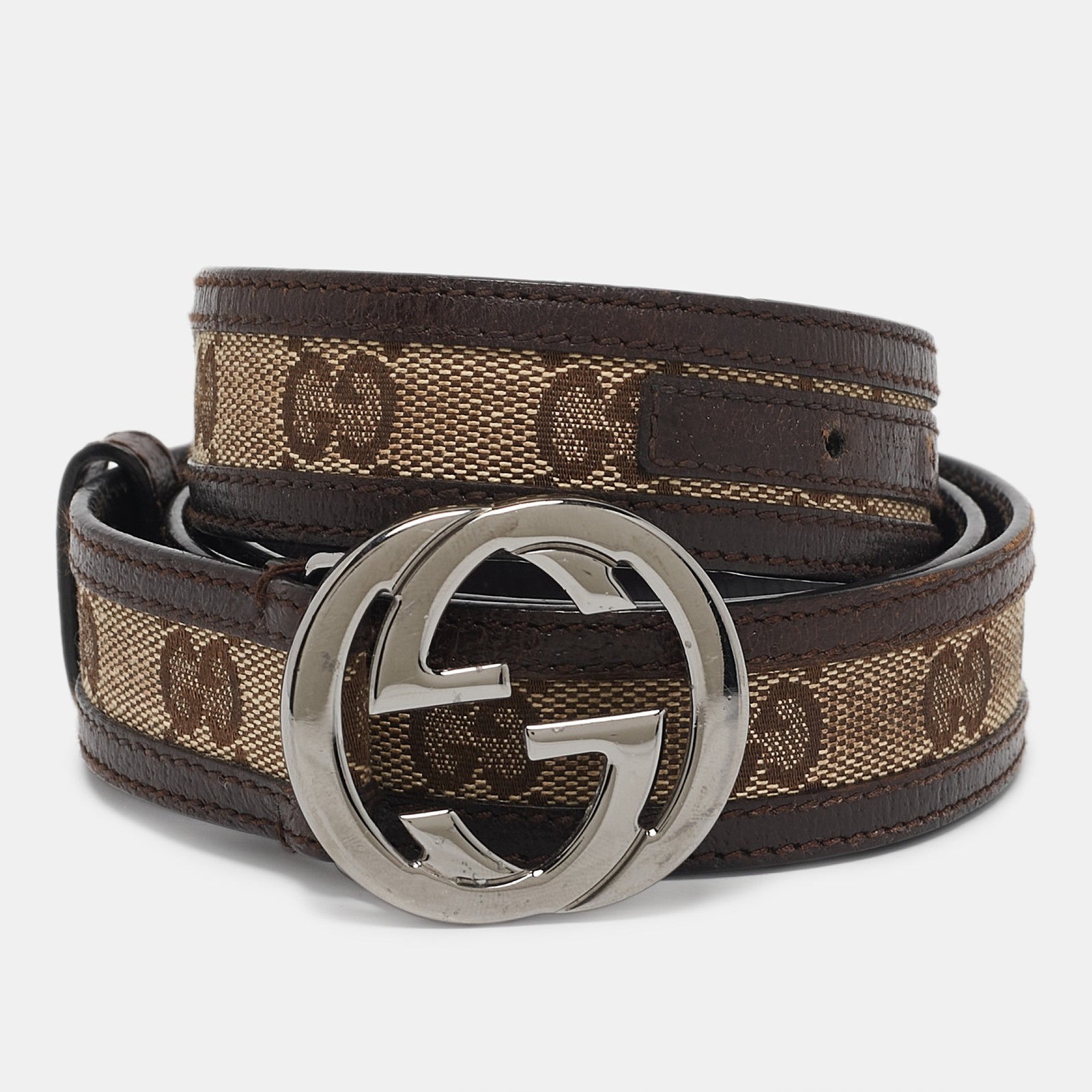 Gucci GG Canvas Leather Interlocking G Buckle Belt 85cm Beige Brown