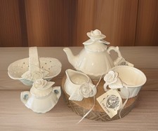 Mud Pie white ceramic tea set featuring sculpted rose embellishment Vintage 1998