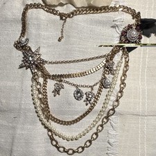 #5 Layered Gold Tone Curb Chain Necklace Faux Pearl Clear Rhinestone Star Flower