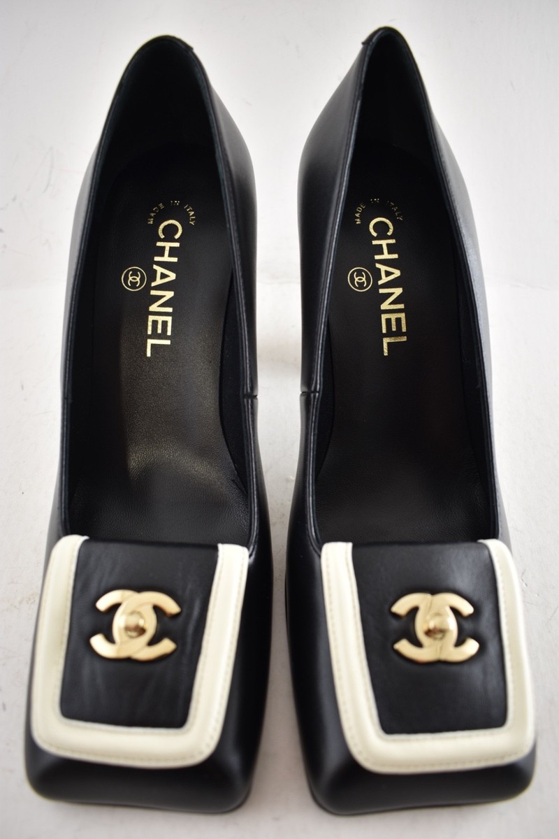 Chanel 26S Blazy Black White Square Toe Turnlock Gold CC Logo