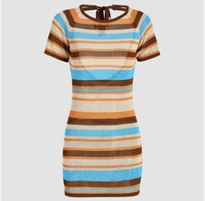 Cider NWT Stripe Mini Dress Swim Cover Up Sz S Bodycon Sheer Retro Backless