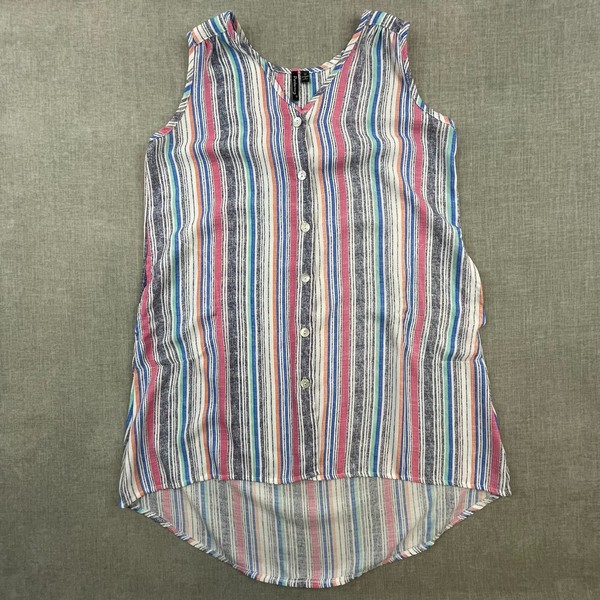 PORTOCRUZ Shirt Dress Size M Pink Blue Striped Sleeveless Mini Boho Lagenlook