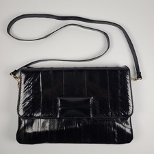Vintage Genuine Eel Skin Black Clutch Handbag Shoulder Bag Convertible
