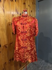 VTG Chinese Silk Red Gold Tunic Dress Floral Size L  Short Peplum Sleeve Soft