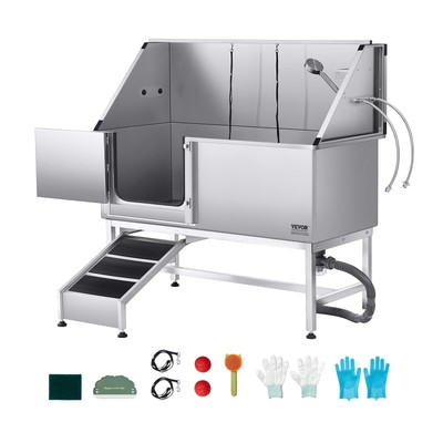 VEVOR 62in Pet Grooming Bath Tub Stainless Steel w/ Ramp & Water Filter Board
