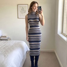 Ronni Nicole Striped Ribbed Knit Sweater Dress L Turtleneck Sleeveless Midi Gray