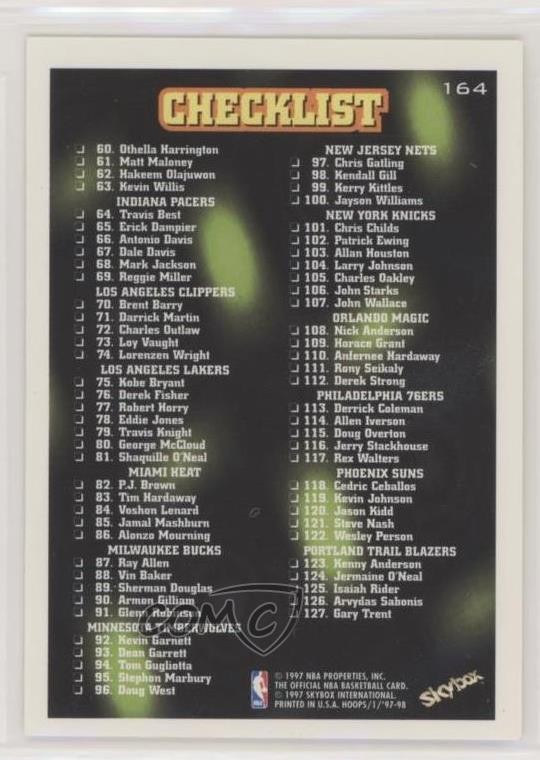 1997-98 NBA Hoops Checklist Checklist Cards 1-127 #164 | eBay