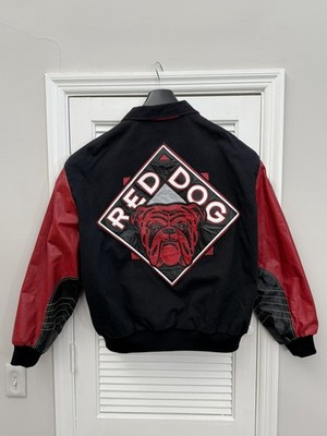 VTG RED DOG BEER BOMBER JACKET RARE 90's JEFF HAMILTON TWILL LEATHER JACKET XL