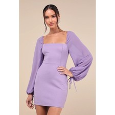 NWT Lulus M Lavender Delightful Love Purple Lace Up Back Puff Sleeve Mini Dress
