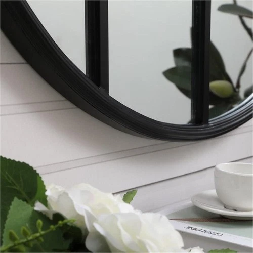 Elegant Decor Motif 28" Round Mid Century Metal Windowpane Frame Mirror in Black - Picture 7 of 7