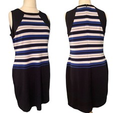 Dark Navy Blue Stripe Stretch Fit Dress Mango Large Size 14/16 Silky Lining 