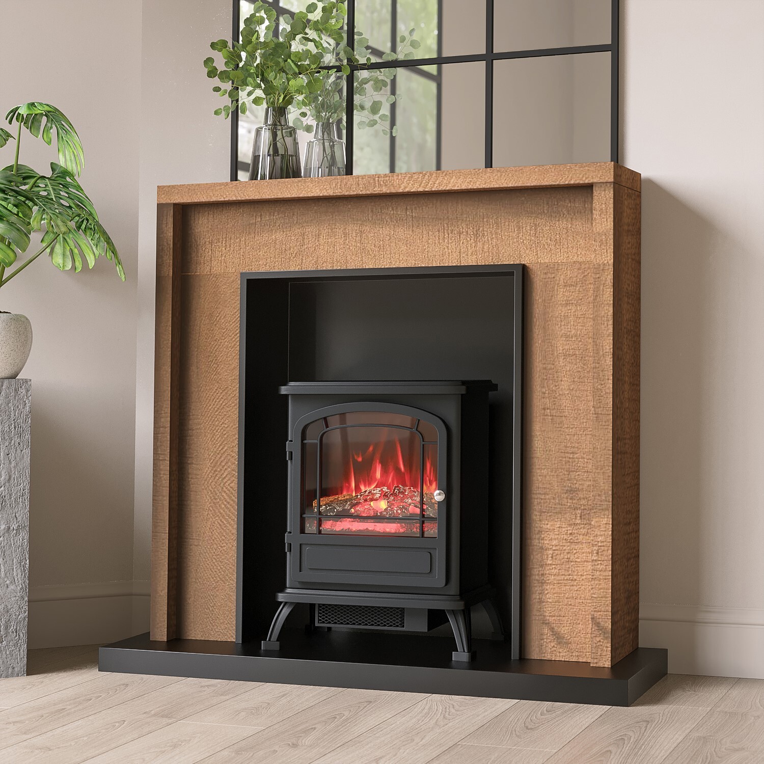 Oak Effect and Black Electric Fireplace Suite with Black Electric Log Bur  AGL042 | eBay